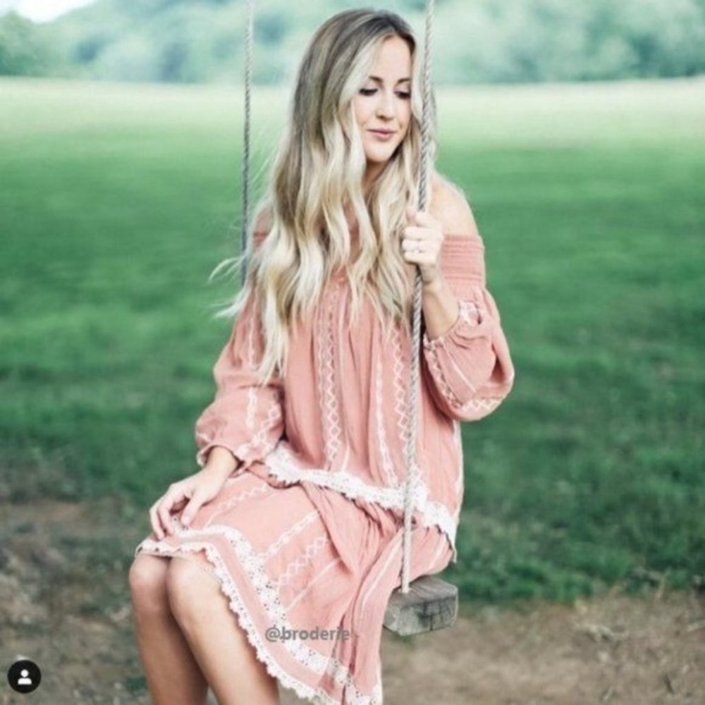 ANTHROPOLOGIE FLOREAT Orchard Off the Shoulder Drop Waist Dress Rose Blush sz M - Picture 4 of 10